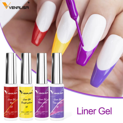 Kit 7 Cores Venalisa Liner Gel 8ml Gel para Unhas Francesas Pintura de Unhas Gel Polish UV LED Design de Nail Art com Cor Glitter Deslumbrante
