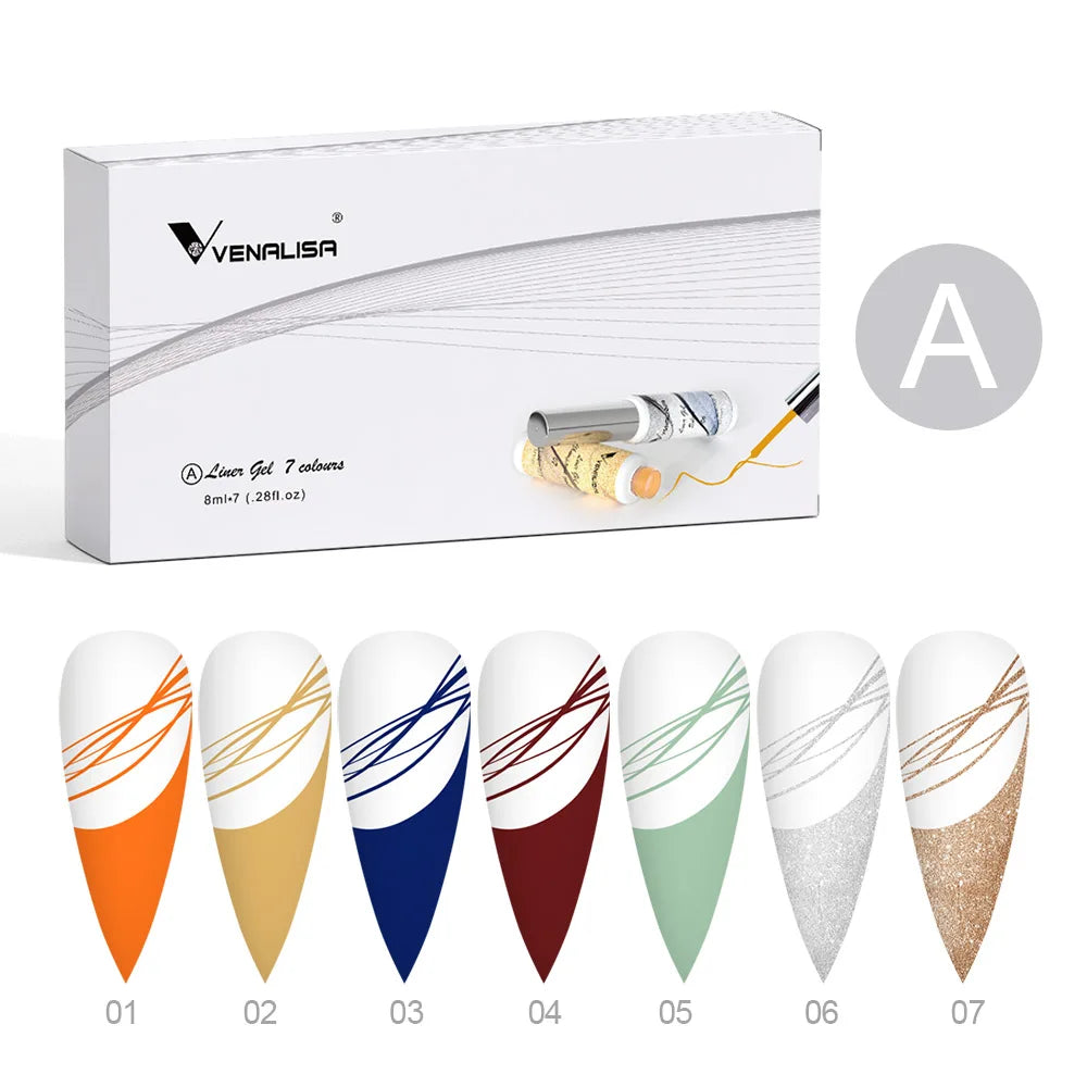 Kit 7 Cores Venalisa Liner Gel 8ml Gel para Unhas Francesas Pintura de Unhas Gel Polish UV LED Design de Nail Art com Cor Glitter Deslumbrante