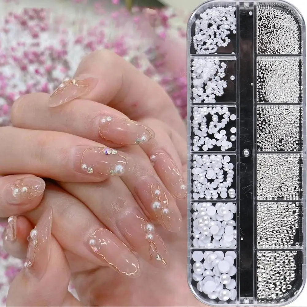 Acessórios para Unhas - Conjunto de Pérolas Falsas e Contas para Nail Art - Kit de Decoração DIY Estilo Ins para Design Deslumbrante - Caixa com 12 Compartimentos para Mulheres