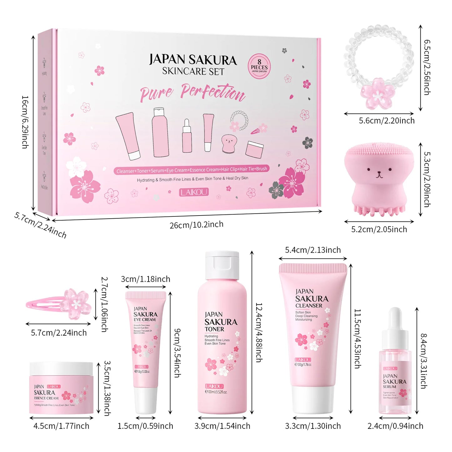 Conjunto de 8 peças de cuidados com a pele Sakura: Limpador facial, tônico, essência, creme para os olhos, creme essência, presilha de cabelo, elástico de cabelo, polvo rosa.