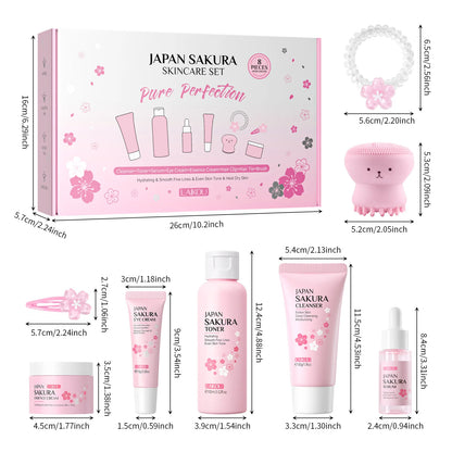 Conjunto de 8 peças de cuidados com a pele Sakura: Limpador facial, tônico, essência, creme para os olhos, creme essência, presilha de cabelo, elástico de cabelo, polvo rosa.