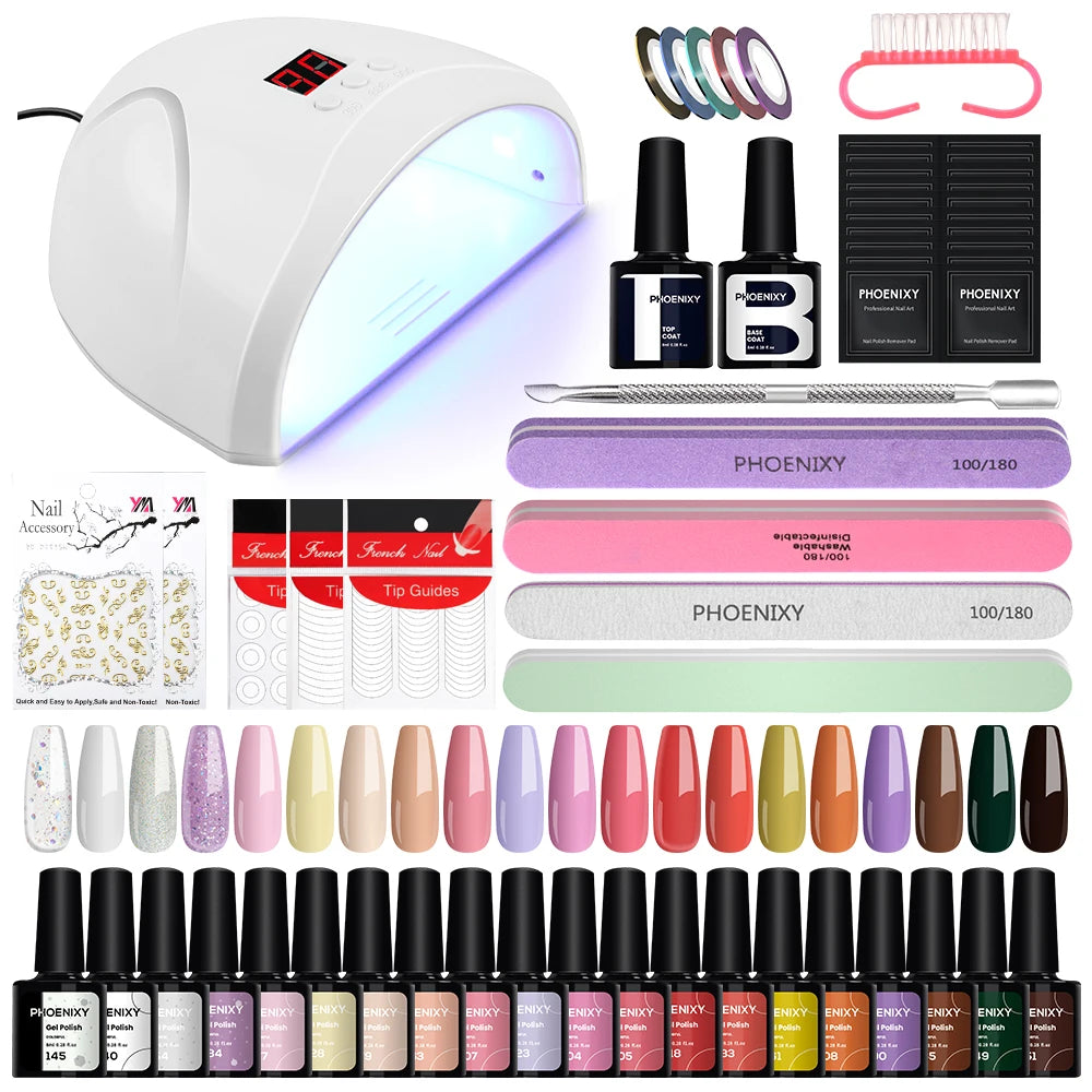 Kit de Unhas Phoenixy Profissional - Conjunto com 20/8 Cores de Gel Polish para Unhas com Lâmpada Secadora de Unhas de 36W e Ferramentas de Design de Unhas - Kit de Unhas Semi-permanente