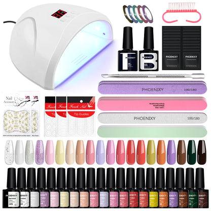 Kit de Unhas Phoenixy Profissional - Conjunto com 20/8 Cores de Gel Polish para Unhas com Lâmpada Secadora de Unhas de 36W e Ferramentas de Design de Unhas - Kit de Unhas Semi-permanente
