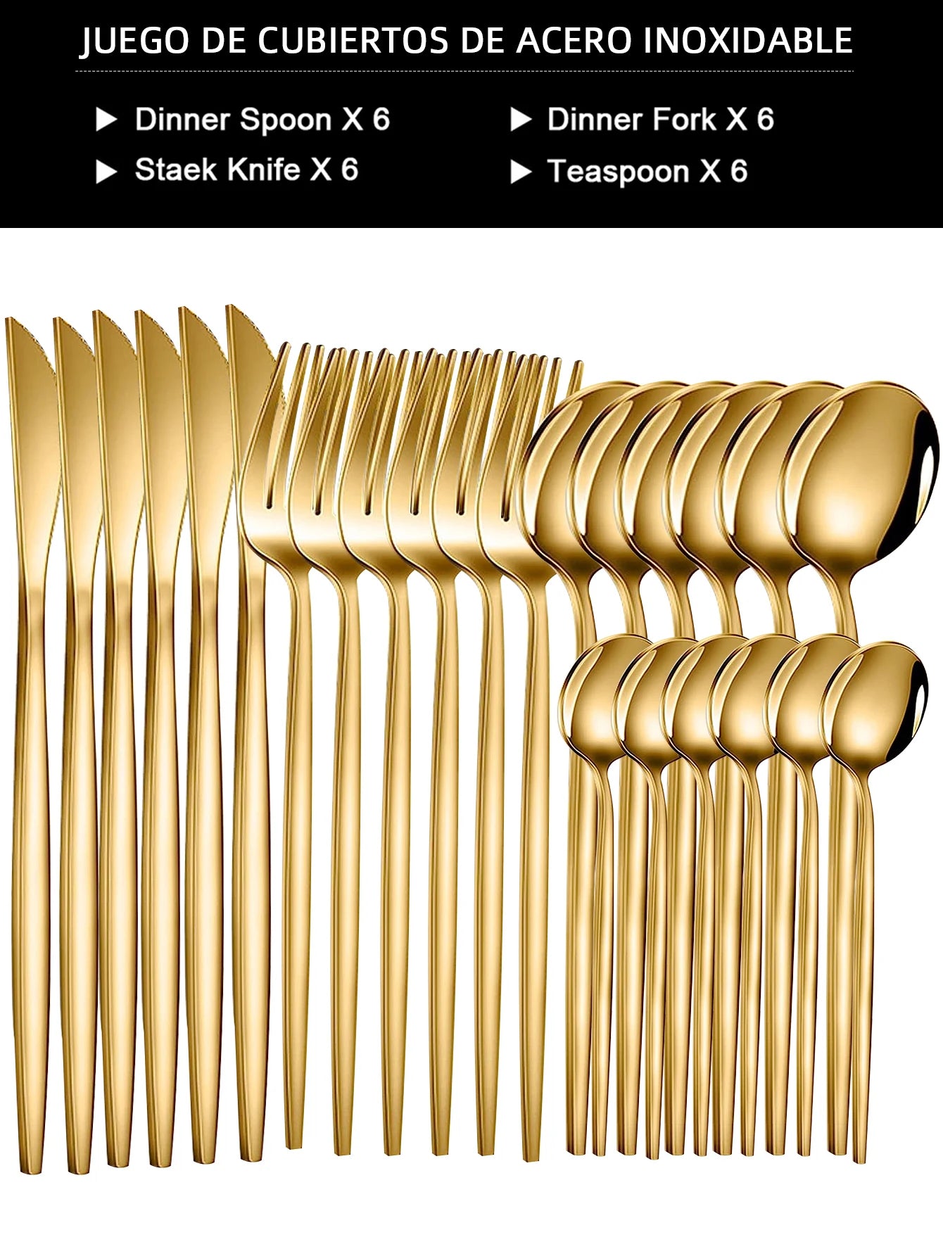 Conjunto de Talheres 24 Peças em Aço Inoxidável Dourado - Faca, Garfo e Colher para Jantar, Sobremesa e Chá - Jogo de Talheres Elegante para Refeições.