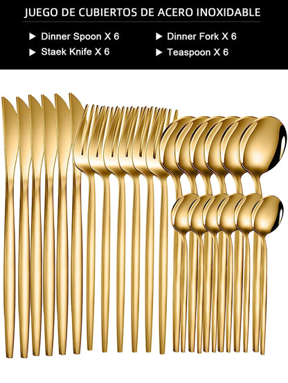 Conjunto de Talheres 24 Peças em Aço Inoxidável Dourado - Faca, Garfo e Colher para Jantar, Sobremesa e Chá - Jogo de Talheres Elegante para Refeições.