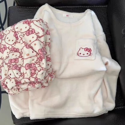 Pijamas Quentes de Cartoon Sanrio Hello Kitty Japonês para Mulheres, Flanela de Inverno, Nova Linha Plus, Aveludada e Espessa, Doce e Aconchegante para Manter o Calor