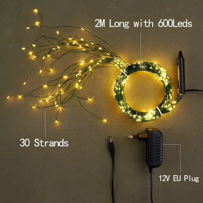 Luzes de Natal de Fada 12V 600LED, Cordão para Árvore, Galho, Guirlanda, Iluminação, Enfeites Festivos, Decorações para Festa e Casa