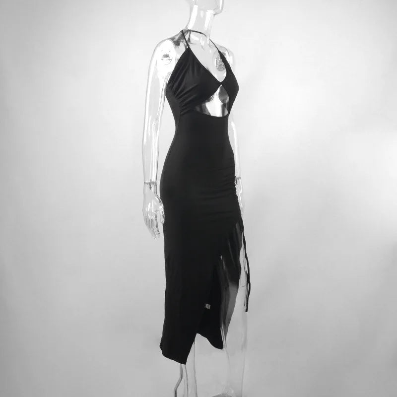 Vestido Preto Sexy de Verão para Mulheres, Sem Mangas, Decotado nas Costas, com Recortes Vazados, Ideal para Festas, com Design Fashion, Amarração Frontal, Estilo Halter, Justo ao Corpo, Elegante