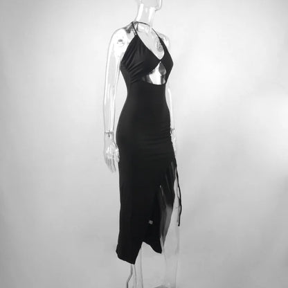 Vestido Preto Sexy de Verão para Mulheres, Sem Mangas, Decotado nas Costas, com Recortes Vazados, Ideal para Festas, com Design Fashion, Amarração Frontal, Estilo Halter, Justo ao Corpo, Elegante