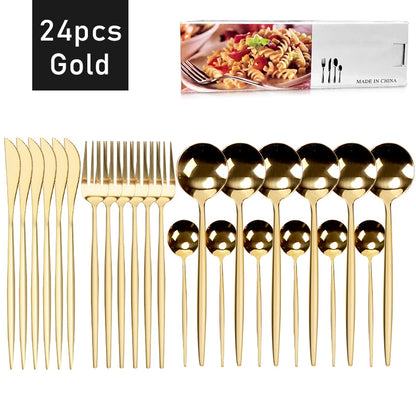 Conjunto de Talheres 24 Peças em Aço Inoxidável Dourado - Faca, Garfo e Colher para Jantar, Sobremesa e Chá - Jogo de Talheres Elegante para Refeições.