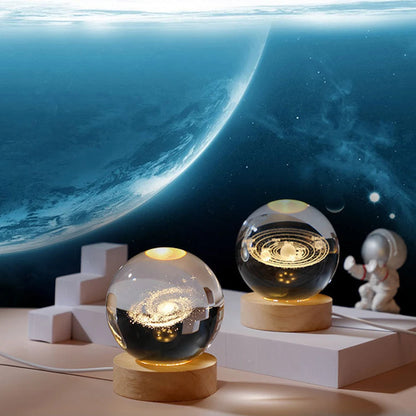 Luminária Esférica de Cristal 3D com Projeções da Galáxia e Planetas, Luz Noturna USB para você