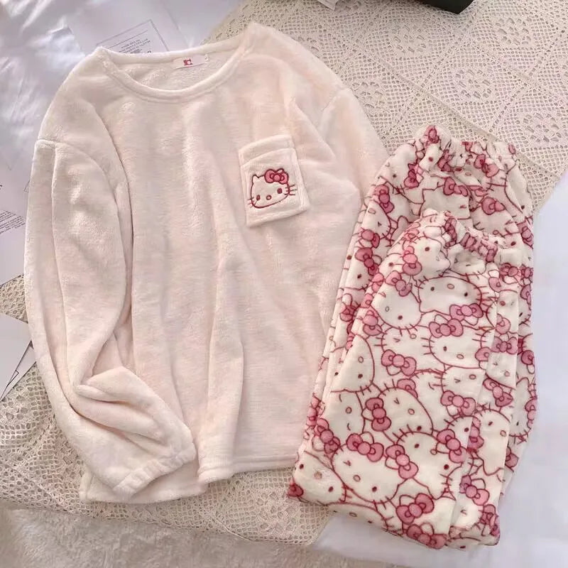 Pijamas Quentes de Cartoon Sanrio Hello Kitty Japonês para Mulheres, Flanela de Inverno, Nova Linha Plus, Aveludada e Espessa, Doce e Aconchegante para Manter o Calor