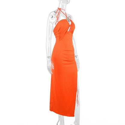Vestido Preto Sexy de Verão para Mulheres, Sem Mangas, Decotado nas Costas, com Recortes Vazados, Ideal para Festas, com Design Fashion, Amarração Frontal, Estilo Halter, Justo ao Corpo, Elegante