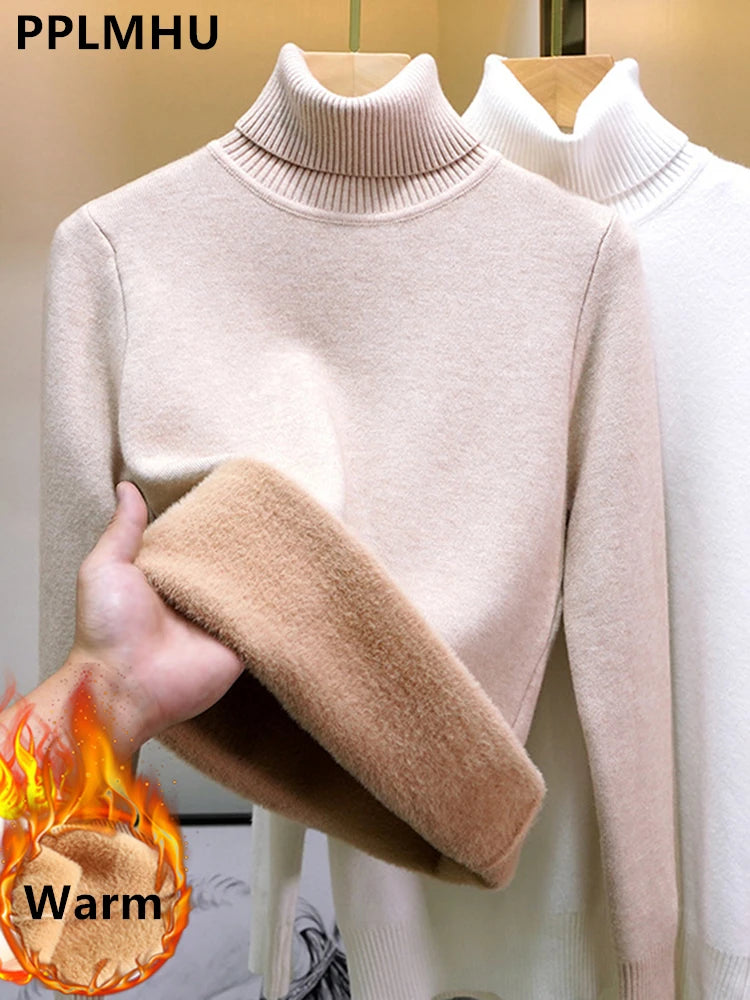 Suéter Feminino de Inverno com Gola Alta, Forrado com Veludo para Maior Aquecimento. Pulôver de malha grosso e ajustado, ideal para um look elegante e confortável no inverno. Perfeito para manter-se aquecida com estilo