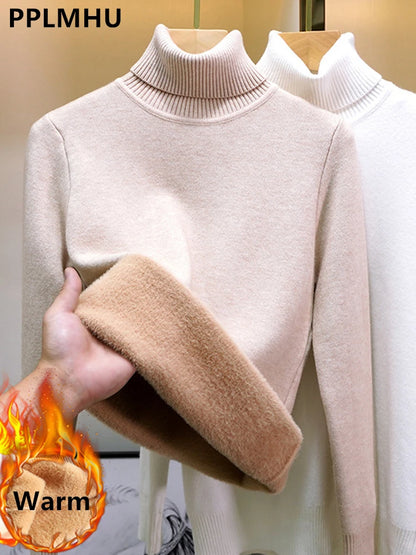 Suéter Feminino de Inverno com Gola Alta, Forrado com Veludo para Maior Aquecimento. Pulôver de malha grosso e ajustado, ideal para um look elegante e confortável no inverno. Perfeito para manter-se aquecida com estilo
