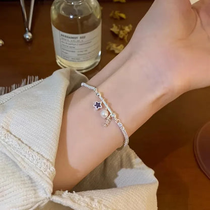 Esterlina Bracelete de Zircônia Coração Amor para Mulheres, Laço Estrelas, Corrente de Osso de Cobra, Joias de Presente