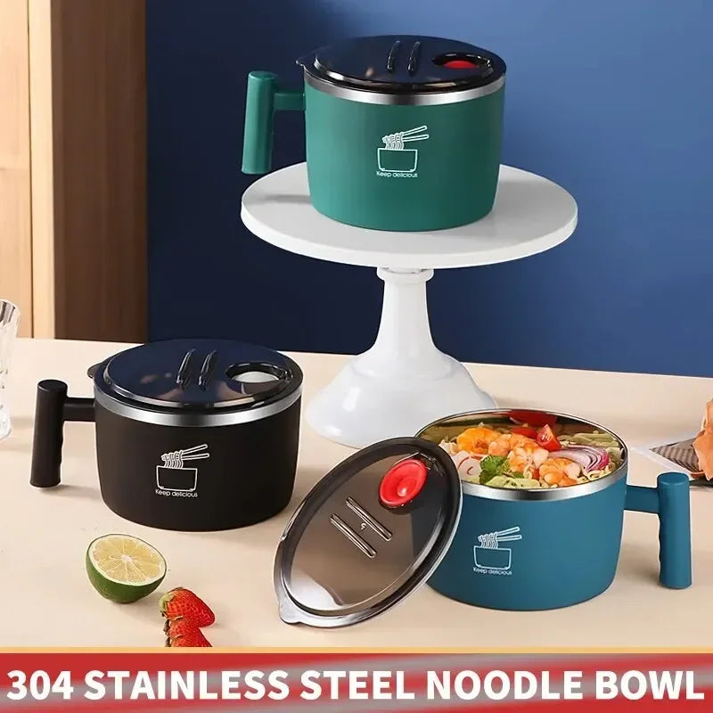 Tigela de macarrão instantâneo em aço inox com tampa, fácil de lavar para dormitório de estudante, tigela grande com saída de drenagem.