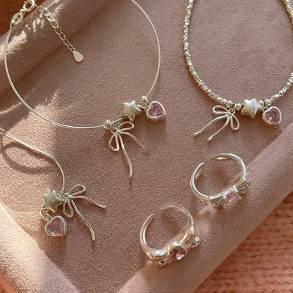 Esterlina Bracelete de Zircônia Coração Amor para Mulheres, Laço Estrelas, Corrente de Osso de Cobra, Joias de Presente