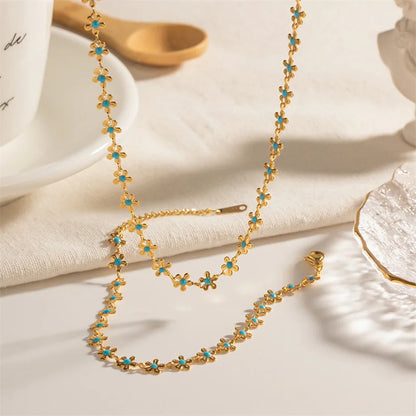Colar de Aço Titânio Fashion com Design de Bambu, Crisântemo Azul e Pingente com Resina para Mulheres