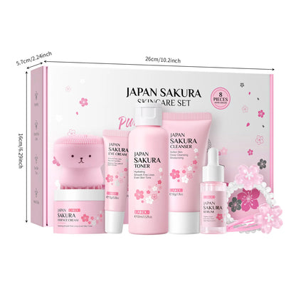 Conjunto de 8 peças de cuidados com a pele Sakura: Limpador facial, tônico, essência, creme para os olhos, creme essência, presilha de cabelo, elástico de cabelo, polvo rosa.