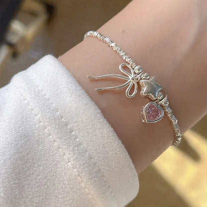 Esterlina Bracelete de Zircônia Coração Amor para Mulheres, Laço Estrelas, Corrente de Osso de Cobra, Joias de Presente