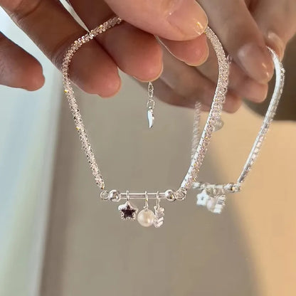 Esterlina Bracelete de Zircônia Coração Amor para Mulheres, Laço Estrelas, Corrente de Osso de Cobra, Joias de Presente