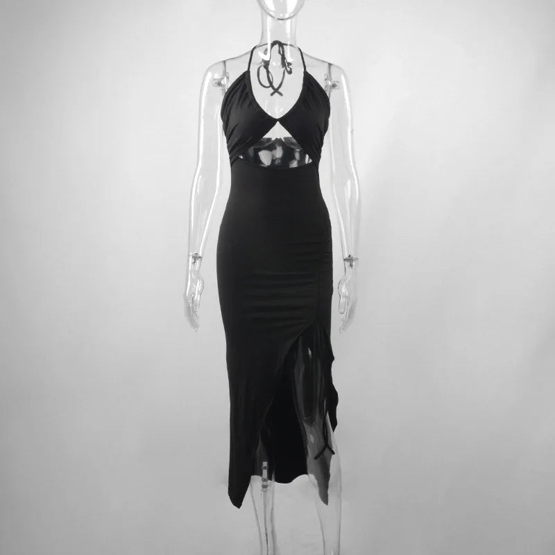 Vestido Preto Sexy de Verão para Mulheres, Sem Mangas, Decotado nas Costas, com Recortes Vazados, Ideal para Festas, com Design Fashion, Amarração Frontal, Estilo Halter, Justo ao Corpo, Elegante
