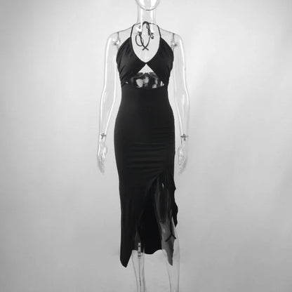 Vestido Preto Sexy de Verão para Mulheres, Sem Mangas, Decotado nas Costas, com Recortes Vazados, Ideal para Festas, com Design Fashion, Amarração Frontal, Estilo Halter, Justo ao Corpo, Elegante
