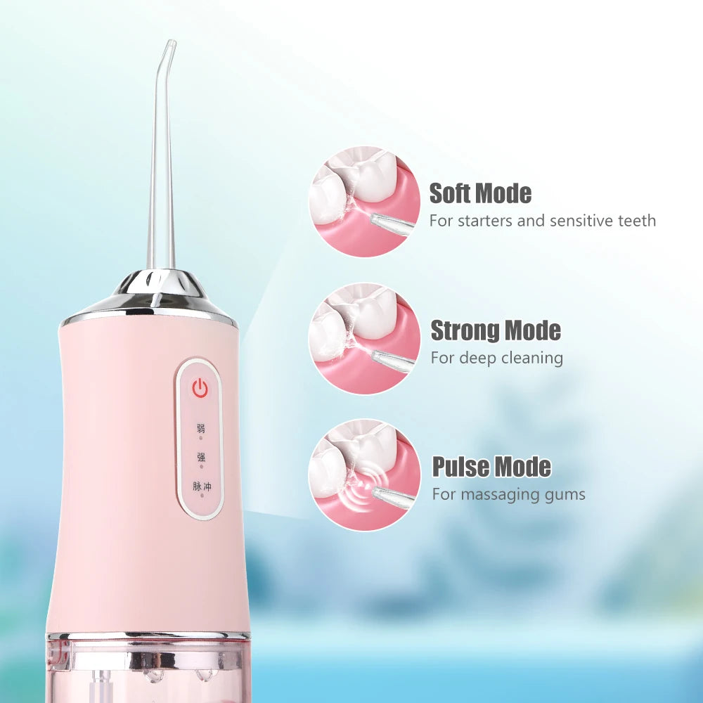 Irrigador Oral Portátil, Floss Dental com Jato de Água Recarregável por USB, 4 Pontas de Jato, 220ml, 3 Modos, IPX7, 1400rpm.