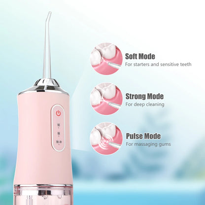 Irrigador Oral Portátil, Floss Dental com Jato de Água Recarregável por USB, 4 Pontas de Jato, 220ml, 3 Modos, IPX7, 1400rpm.