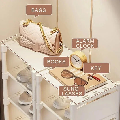 Organizador de Sapatos de Múltiplas Camadas
Prateleira para Sapatos, Organizador de Sapatos, Rack Economizador de Espaço para Cantos de Parede, Estante Empilhável, Armário Ajustável para Economia de Espaço.