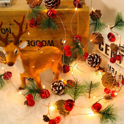 Decoração de Guirlanda de Natal com Luzes 7FT 20LED, Pinhas, Bagas Vermelhas, Sinos, Luzes para Árvore de Natal, Decorações para Festa de Fim de Ano e Ano Novo.