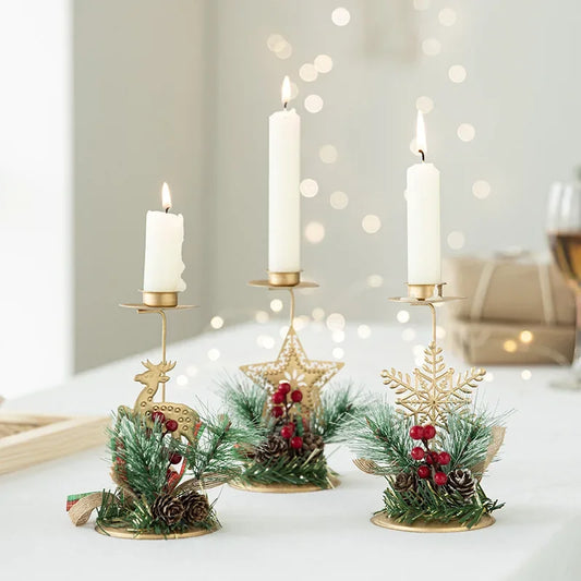 Decoração de Natal - Castiçais de Ferro Forjado Dourado com Pêndulos de Neve e Renas - Enfeites de Natal para o Natal e Ano Novo 2025
