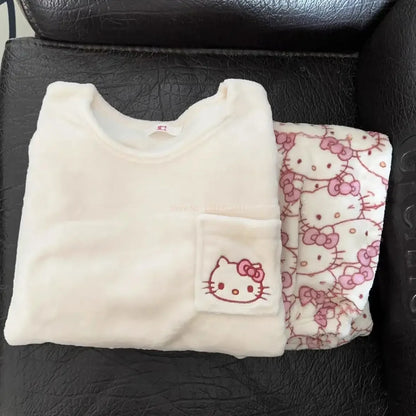 Pijamas Quentes de Cartoon Sanrio Hello Kitty Japonês para Mulheres, Flanela de Inverno, Nova Linha Plus, Aveludada e Espessa, Doce e Aconchegante para Manter o Calor