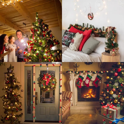 Decoração de Guirlanda de Natal com Luzes 7FT 20LED, Pinhas, Bagas Vermelhas, Sinos, Luzes para Árvore de Natal, Decorações para Festa de Fim de Ano e Ano Novo.