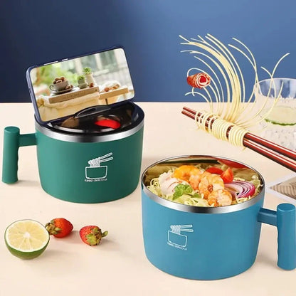 Tigela de macarrão instantâneo em aço inox com tampa, fácil de lavar para dormitório de estudante, tigela grande com saída de drenagem.