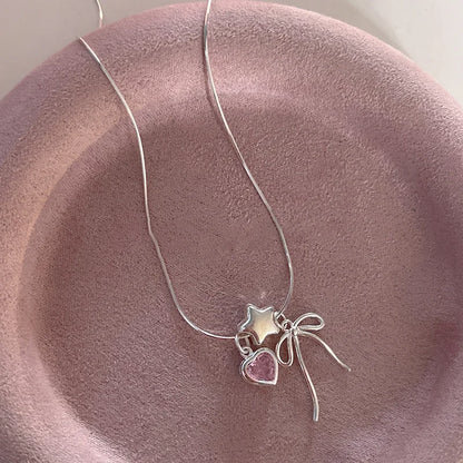 Esterlina Bracelete de Zircônia Coração Amor para Mulheres, Laço Estrelas, Corrente de Osso de Cobra, Joias de Presente