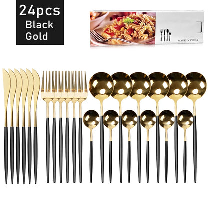 Conjunto de Talheres 24 Peças em Aço Inoxidável Dourado - Faca, Garfo e Colher para Jantar, Sobremesa e Chá - Jogo de Talheres Elegante para Refeições.