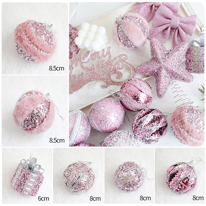 Série Rosa de Enfeites de Natal: Estrelas, Correntes de Contas, Bolas de Espuma, Placas de Nome, Laços, Cogumelos, Pingentes para Árvore de Natal, Decoração Romântica para Casa.