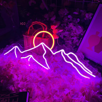 Letreiro de Neon LED Montanha e Sol, Lâmpada de Luzes Neon USB LED, Decoração de Parede para Casa, Quarto Infantil, Bar,