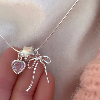 Esterlina Bracelete de Zircônia Coração Amor para Mulheres, Laço Estrelas, Corrente de Osso de Cobra, Joias de Presente