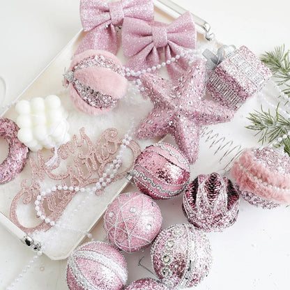 Série Rosa de Enfeites de Natal: Estrelas, Correntes de Contas, Bolas de Espuma, Placas de Nome, Laços, Cogumelos, Pingentes para Árvore de Natal, Decoração Romântica para Casa.