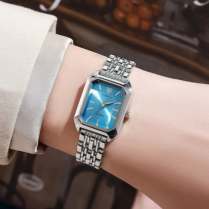 Relógio de Pulso com Pulseira de Aço Inoxidável, Marca Popular de 2024, Relógio de Quartzo Luxuoso para Mulheres, Presente Elegante, Relógio Simples e Moderno em Formato Quadrado para Estudantes.