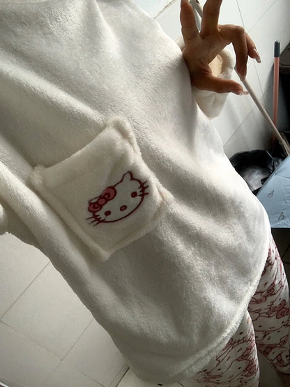 Pijamas Quentes de Cartoon Sanrio Hello Kitty Japonês para Mulheres, Flanela de Inverno, Nova Linha Plus, Aveludada e Espessa, Doce e Aconchegante para Manter o Calor