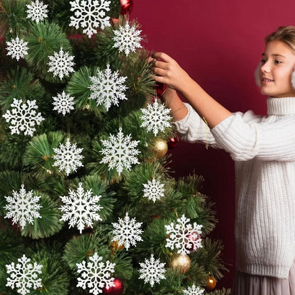 12 Peças/Bag Ornamentos de Floco de Neve Plástico Branco com Brilho para Decoração de Natal, Penduricalhos para Árvore de Natal, Suprimentos para Festa de Inverno em Casa