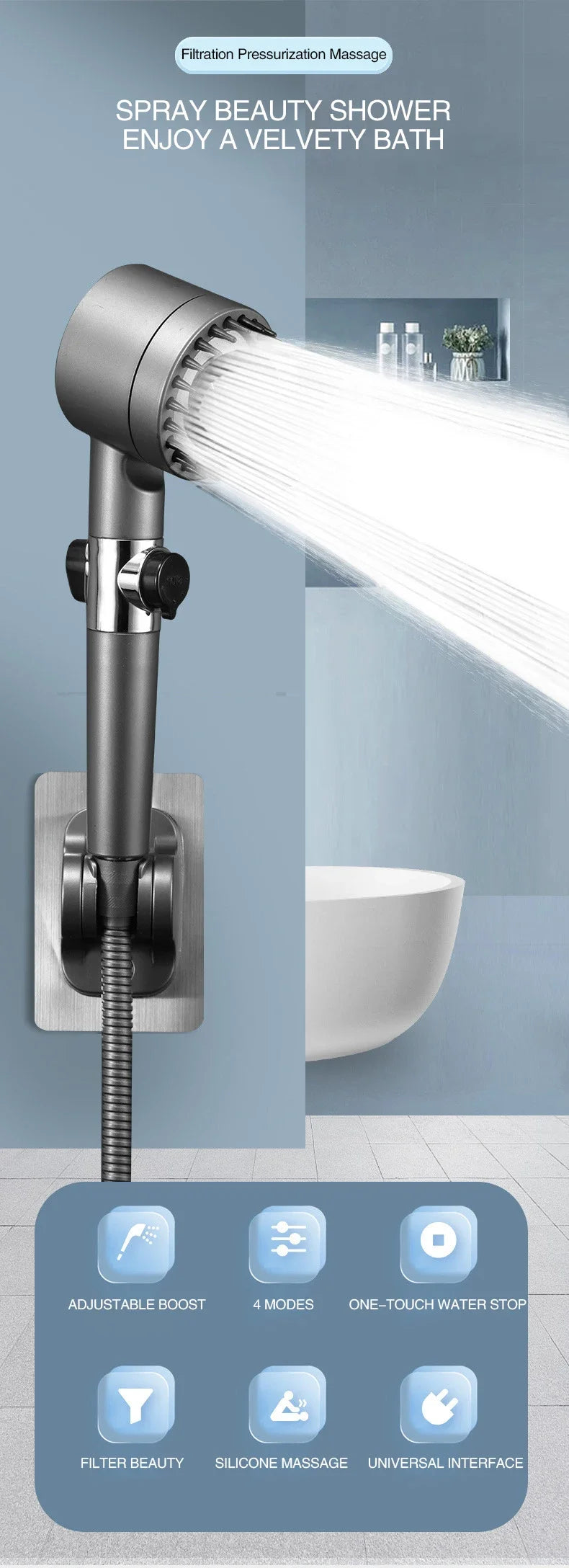 Cabeça de Chuveiro com Filtro de Alta Pressão - Spray Ajustável em 3 Modos com Escova de Massagem, Chuveiro de Chuva, Acessórios para Banheiro
