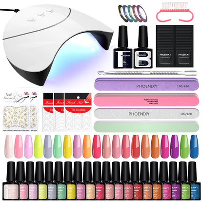 Kit de Unhas Phoenixy Profissional - Conjunto com 20/8 Cores de Gel Polish para Unhas com Lâmpada Secadora de Unhas de 36W e Ferramentas de Design de Unhas - Kit de Unhas Semi-permanente