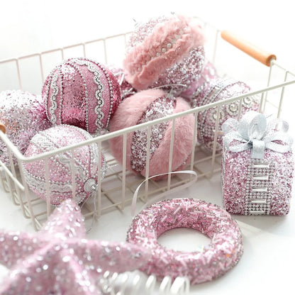 Série Rosa de Enfeites de Natal: Estrelas, Correntes de Contas, Bolas de Espuma, Placas de Nome, Laços, Cogumelos, Pingentes para Árvore de Natal, Decoração Romântica para Casa.