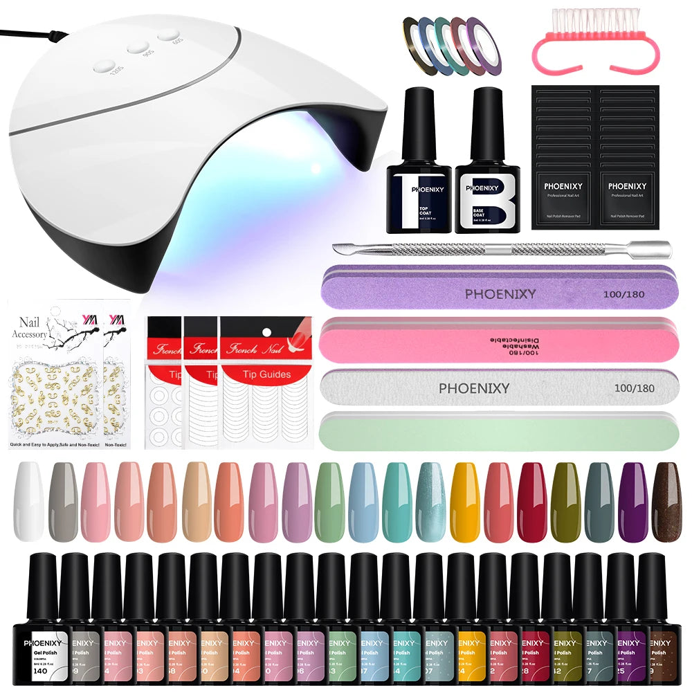 Kit de Unhas Phoenixy Profissional - Conjunto com 20/8 Cores de Gel Polish para Unhas com Lâmpada Secadora de Unhas de 36W e Ferramentas de Design de Unhas - Kit de Unhas Semi-permanente