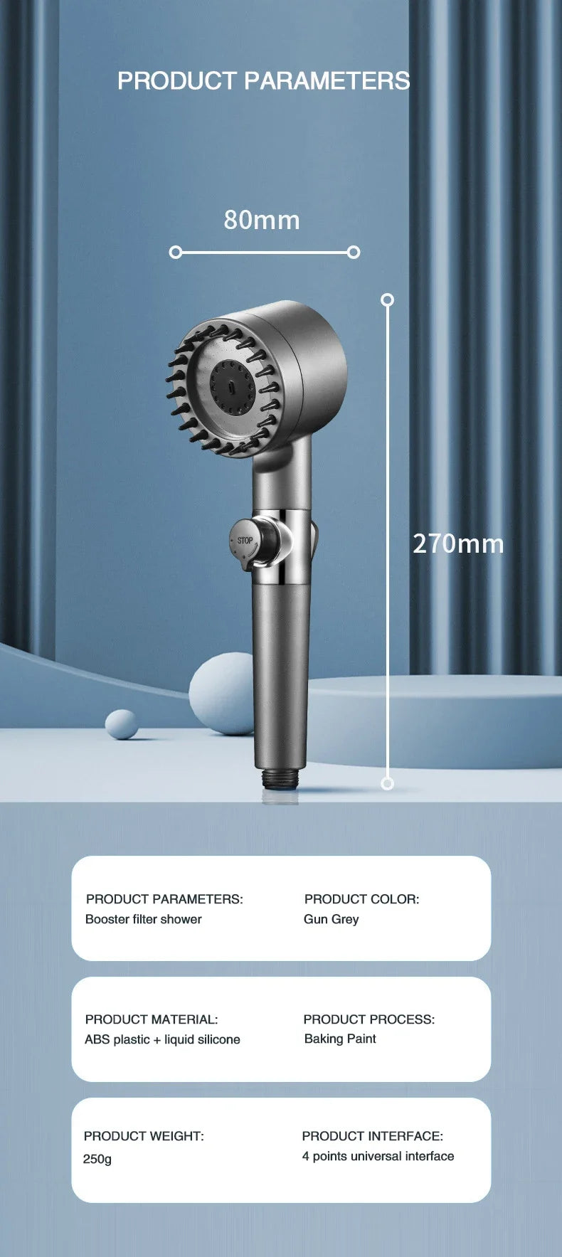 Cabeça de Chuveiro com Filtro de Alta Pressão - Spray Ajustável em 3 Modos com Escova de Massagem, Chuveiro de Chuva, Acessórios para Banheiro